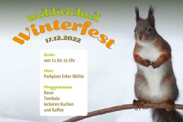 Waldwichtel Winterfest am 17.12.2022 mit Eichhörnchen vor Schneefläche